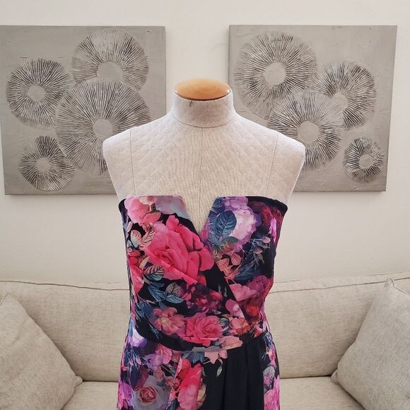City Chic 'Romantic Rose' Floral Strapless Maxi Dress - size 14 in Black/Pink - Picture 3 of 13